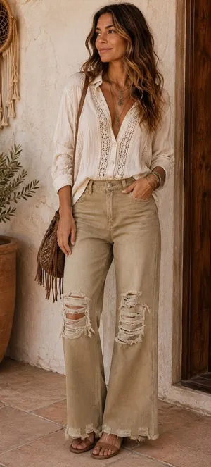Boho S Jeans Flare Distressed Tan High Rise Raw Hem Shredded Knee Streetwear thumbnail 1