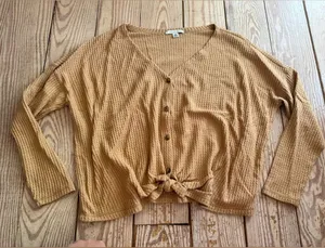 American Eagle Waffle Knit Tie-Front Top Size Large thumbnail 1