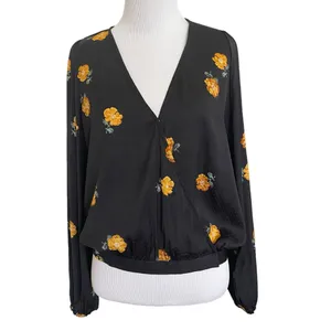 Madewell Bubble-Sleeve Black Wrap Top with Yellow Gold Floating Florets S thumbnail 4