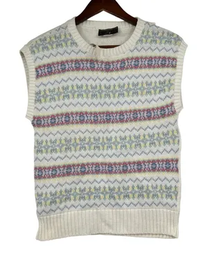 NEW Vintage Charter Club sweater vest white multicolor pastel Fair Isle pattern thumbnail 1