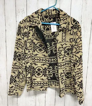 Vintage Allure Jacket Women Large Geometric‎ Printed Collared Full Zip Tan Black thumbnail 1
