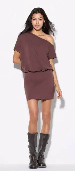 Wild Fable NWT Short Sleeve One Shoulder Mini Shift Dress Large Brown‎ Stretch thumbnail 1