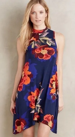 MAEVE BY ANTHROPOLOGIE‎ Tilt Floral Swing Dress Blue Orange XS thumbnail 1