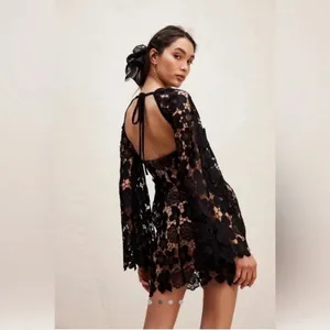 RUMER The Label Remi Mini Dress Black Crochet Floral Size L thumbnail 3