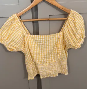 Yellow‎ Gingham Puff Sleeve Crop Top Cotton Smocked Lace Up Back Blouse Womens thumbnail 1