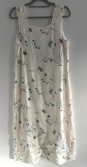 Vintage Linen Midi Dress Womens Large Cream Floral Garden Prairie Cottagecore thumbnail 1