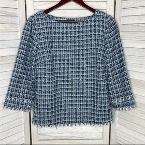 Ann Taylor Tweed Fringe Trim Boatneck Top Shirt‎ Blue White 8 Preppy Nautical thumbnail 7