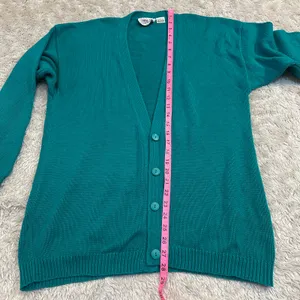 Vintage 90s Nordstrom 100% Cotton Knit Teal Button Up Vneck Cardigan Drop Sleeve thumbnail 6