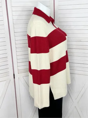 A New Day Rugby Stripe Polo Collar‎ Oversized Sweater Cream Red Large Preppy thumbnail 4