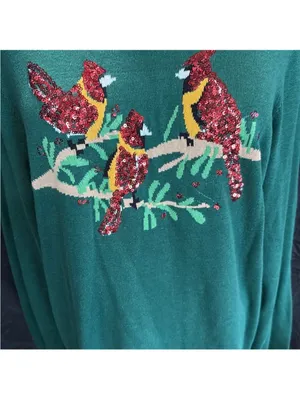 Kim Rogers Green Crewneck Sweater with Red Sequin Cardinals thumbnail 6