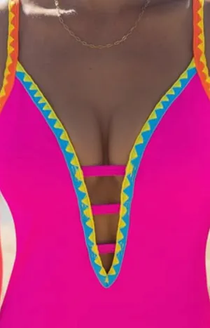 Popvil Women OnePiece Swimsuit Deep V Neck Neon Cute Bathing Suit Back Tie Swim Suits thumbnail 5