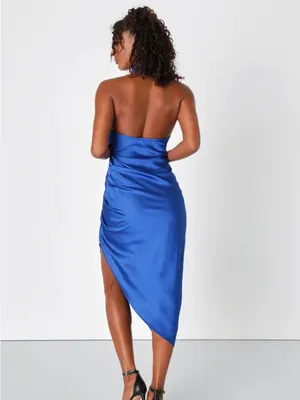 Lulus Regal Sensation Royal Blue Satin Asymmetrical Halter Midi Dress size xs/s thumbnail 2