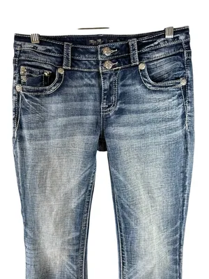Miss Me Low Rise Boot Embroidered Back Pocket Blingy Jeans Size 27 Medium Wash thumbnail 2