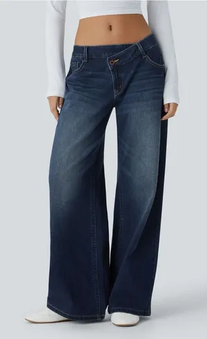 Halara Flex Asymmetric Low Rise Zipper Pockets Baggy Wide Leg Washed Casual M thumbnail 1