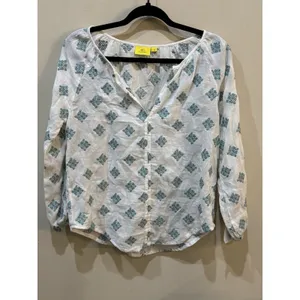 Roller Rabbit Embroidered Floral Peasant Blouse‎ Top V Neck Size XS White Teal thumbnail 2