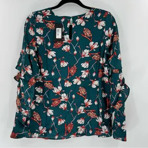 Miss Me Womens Small Teal Floral Ruffle Sleeve Blouse NWT Boho Keyhole thumbnail 5