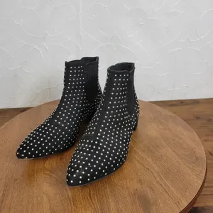 JustFab Jenna Women's Ankle Boots 7 Black Studded Suede Slip On Block Heels thumbnail 3