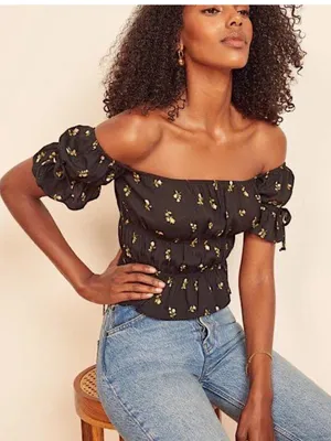 Reformation Solis Briar Black Floral Off the Shoulder Milkmaid Boho Top Small thumbnail 1