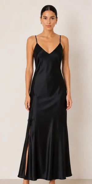 90s Minimalist Black Satin Slip Dress Side Slit Maxi S thumbnail 1
