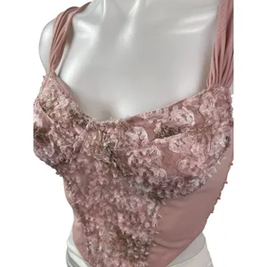 Womens Pink Floral Lace Ruffle Sleeveless Crop Cami Camisole Corset Tank Top S/M thumbnail 3