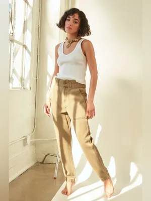 AMO Drapey Army Pant Linen Cotton Khaki Paperbag Waist Utility Pants Sz 26 thumbnail 2