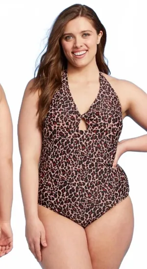 Kona Sol Twist Front Leopard Animal Print Halter One Piece Swimsuit Plus Size 20 thumbnail 1