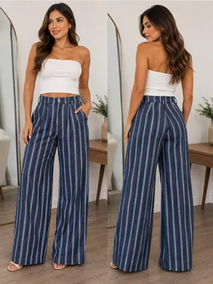 Express High Rise Wide Leg Striped Pants Size 6S Blue White thumbnail 2