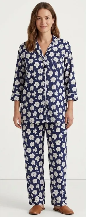 Lauren Ralph Lauren Womens Navy Floral Pajama Top‎ Sleep Shirt Monogram Small thumbnail 1