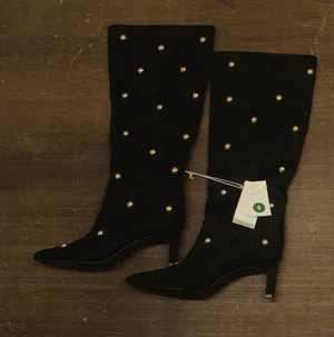 A New Day Studded Faux Suede Mid-Calf Boots with Cone Heel Jet Black / Gold 9M thumbnail 1