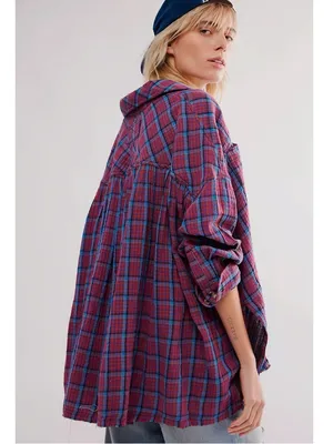 Free People Oversized Bohemian Grunge Fall Cardiff Plaid Swing Top Shirt Medium thumbnail 9