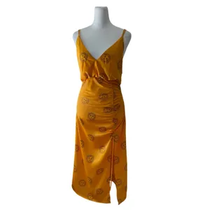 Urban Outfitters Golden Sun Print Deep V-Neck Sleeveless Ruched Slip Midi Dress thumbnail 4