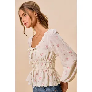 SO ME Floral Clip Dot Lace Trim Ruched Bodice Blouse - White - Medium thumbnail 13