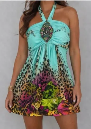 Venus y2k leopard floral halter dress beaded boho festival size small thumbnail 1