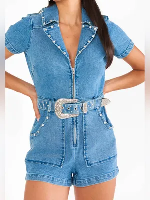 New Show me your Mumu outlaw studded denim romper size large thumbnail 1