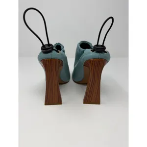 YEVRAH Light Blue Leather Ruched Toggle Pointed Toe Wood Block Heels Size 38 thumbnail 3