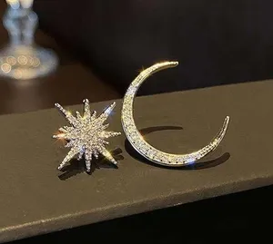 18K Gold Plated Asymmetrical Star Moon Stud Earrings for Women thumbnail 1