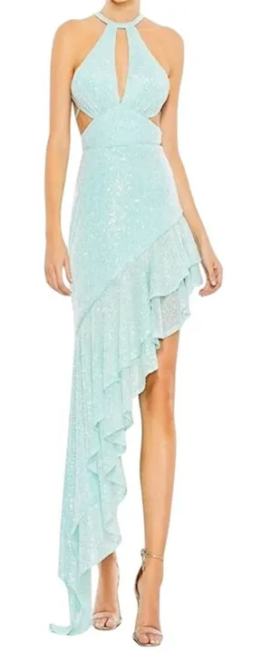 Mac Duggal 11274 Aqua Sequin Halter High Low Ruffle Gown Size 8 NWT thumbnail 1