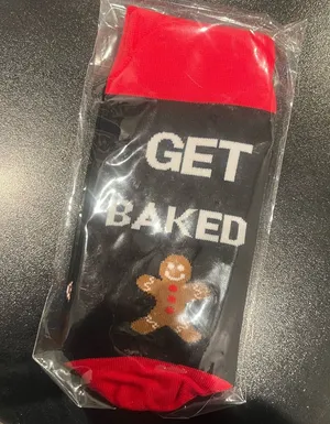 NWT‎ Funny Red and Black Time to Get Baked Unisex Holiday Gingerbread Socks thumbnail 1