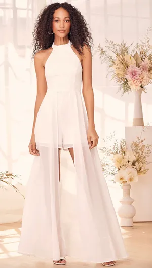 Lulus Love Speaks White Lace Halter Maxi Romper Wedding Bridal Large NWT thumbnail 1