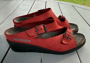Mephisto Red Leather Nubuck Wedge Slide Sandals Shoes Womens Size EU 38 US 7 thumbnail 1