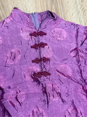 Vintage Cheongsam Qipao Maxi Dress Purple Floral Medallion Frog Button M thumbnail 3