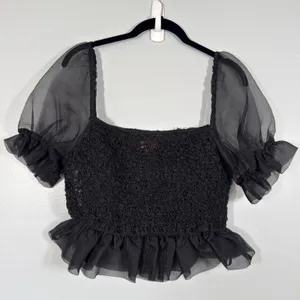 STAUD Cannon Organza Smocked Puff Sleeve Crop Top Black Size Small thumbnail 6
