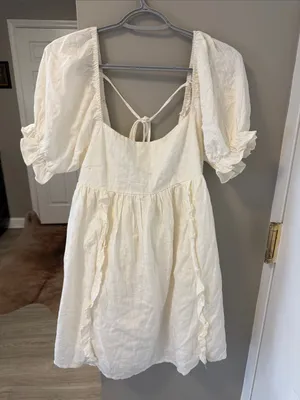 $99 NWT Selfie Leslie X Indikah Macedonia Puff Sleeve Babydoll Dress Cream, S thumbnail 8