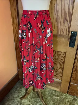 Vintage 90s Alfred Dunner Red Floral Midi Skirt Size 10 Elastic Waist thumbnail 5