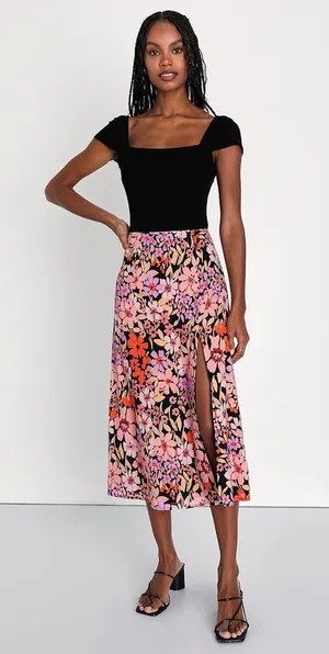 Lulus black floral midi skirt with slit  thumbnail 1