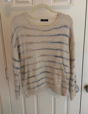 Cream & Blue Striped Knit Sweater | Cozy Textured Pullover thumbnail 1