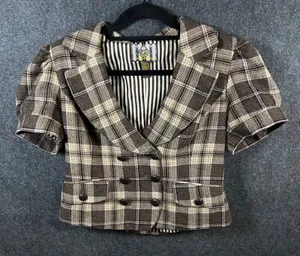 Forever Brown Plaid Wool Blend Cropped Short Sleeve Blazer Jacket Large Y2K thumbnail 1