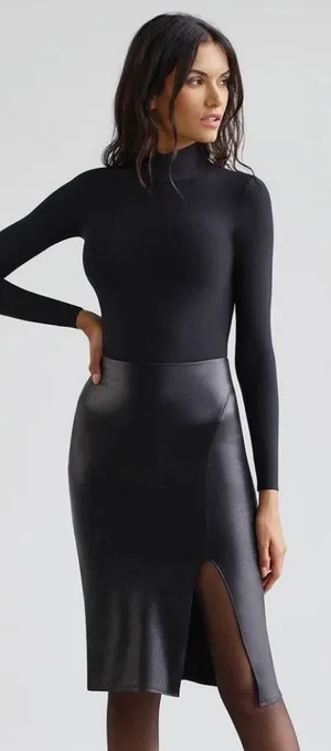 Commando Faux Leather Side‎ Slit Midi Skirt Black Pull On Size Medium thumbnail 1