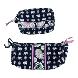 Vera Bradley Set of 2 Elephant Paisley Quilted Cosmetic Bags Black Pink Retired thumbnail 1