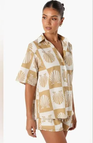 Petal + Pup Checkered Seashell Print Cotton Button Up Shirt thumbnail 7